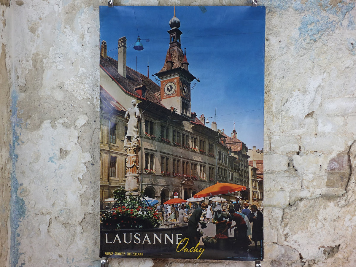1960s Lausanne Ouchy Poster, Switzerland, old town hall and square with fountain, Suisse Schweiz Travel poster, wall art decor
