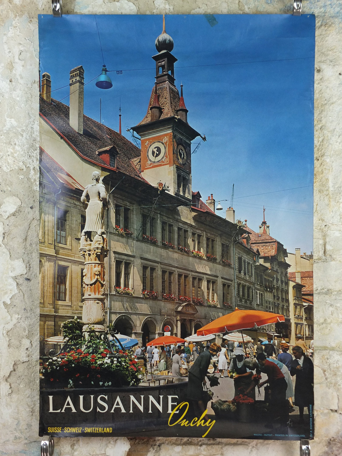 1960s Lausanne Ouchy Poster, Switzerland, old town hall and square with fountain, Suisse Schweiz Travel poster, wall art decor