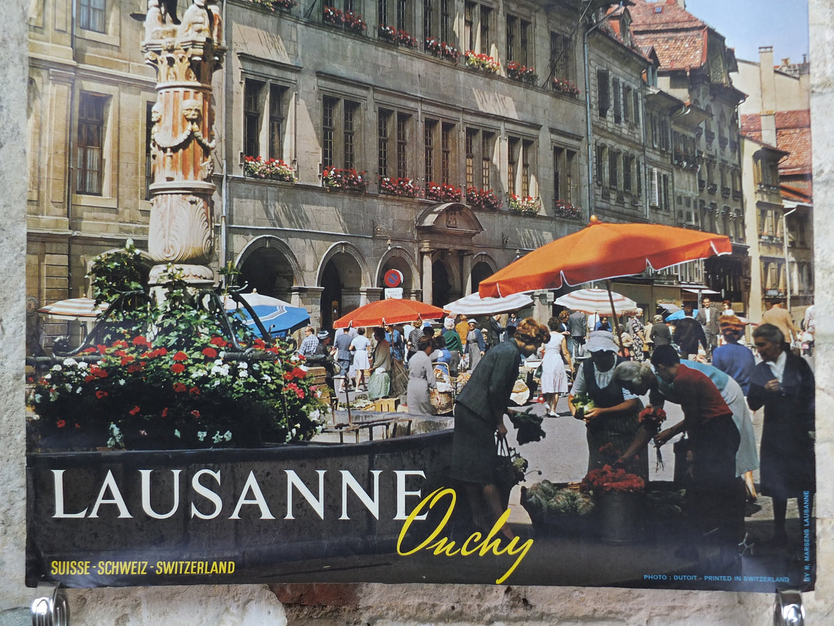 1960s Lausanne Ouchy Poster, Switzerland, old town hall and square with fountain, Suisse Schweiz Travel poster, wall art decor