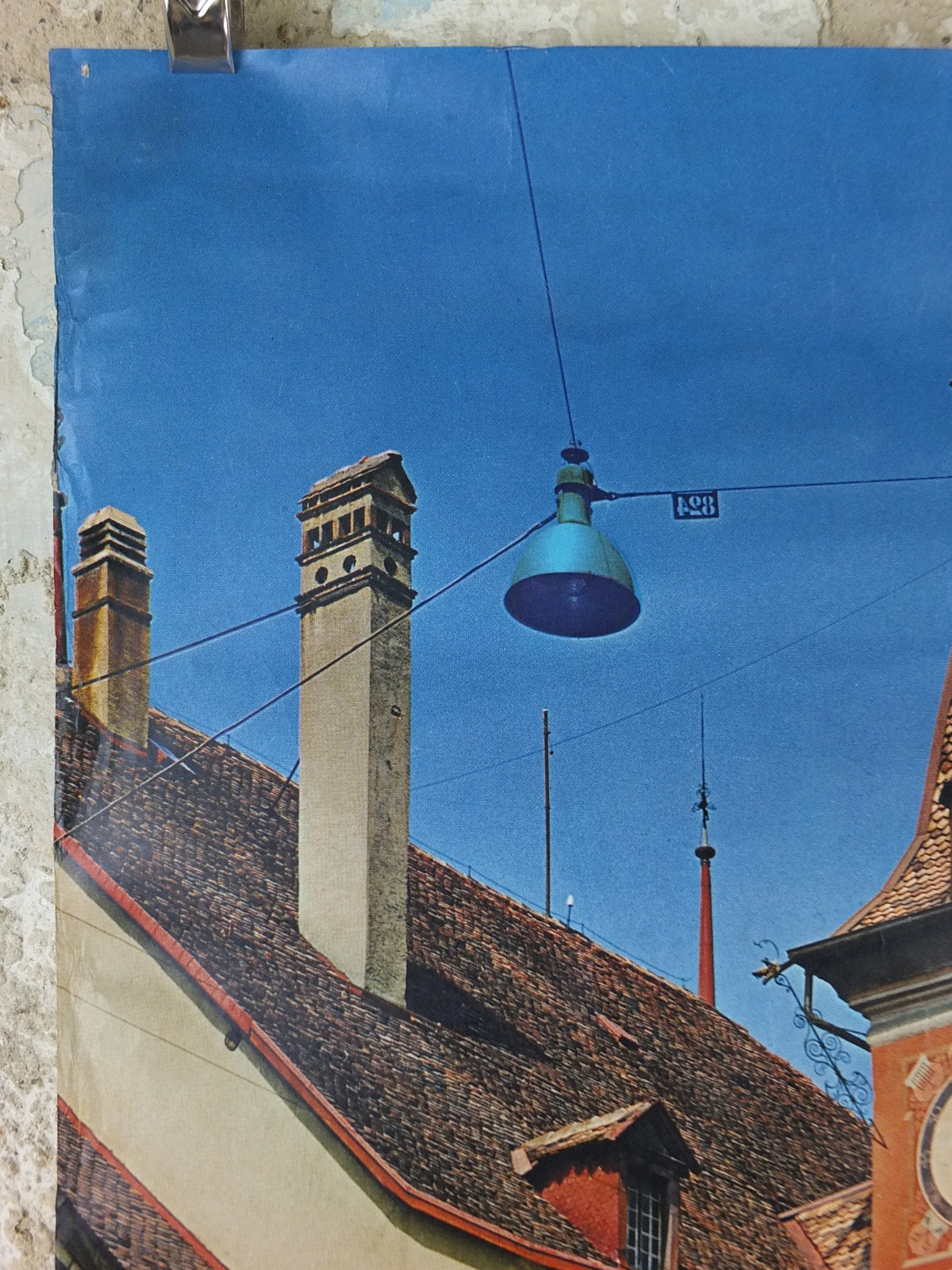 1960s Lausanne Ouchy Poster, Switzerland, old town hall and square with fountain, Suisse Schweiz Travel poster, wall art decor