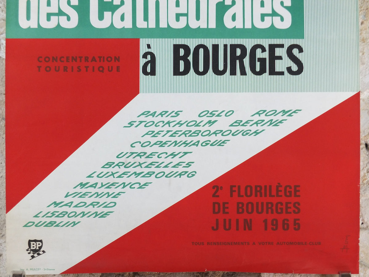 1965 1st International Cathedral Rally Poster, Bourges, BP oil, French vintage car enthusiasts, wall art decor