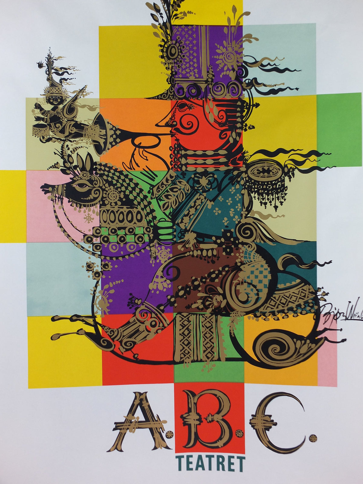1965 Bjørn Wiinblad Poster, ABC Theatre, Colourful soldier on a horse, Danish Design, large wall art decor