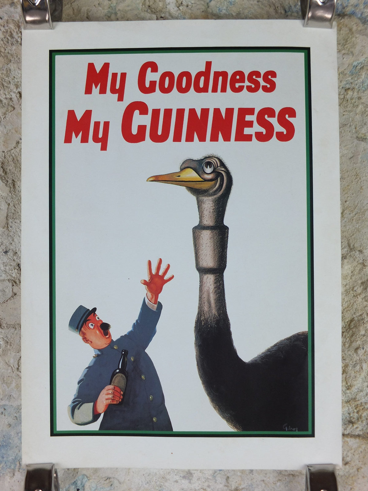 1981 John Gilroy Guinness Toucan Poster, Ostrich 1936, Guinness Zookeeper with ostrich who has swallowed his pint, wall art retro decor