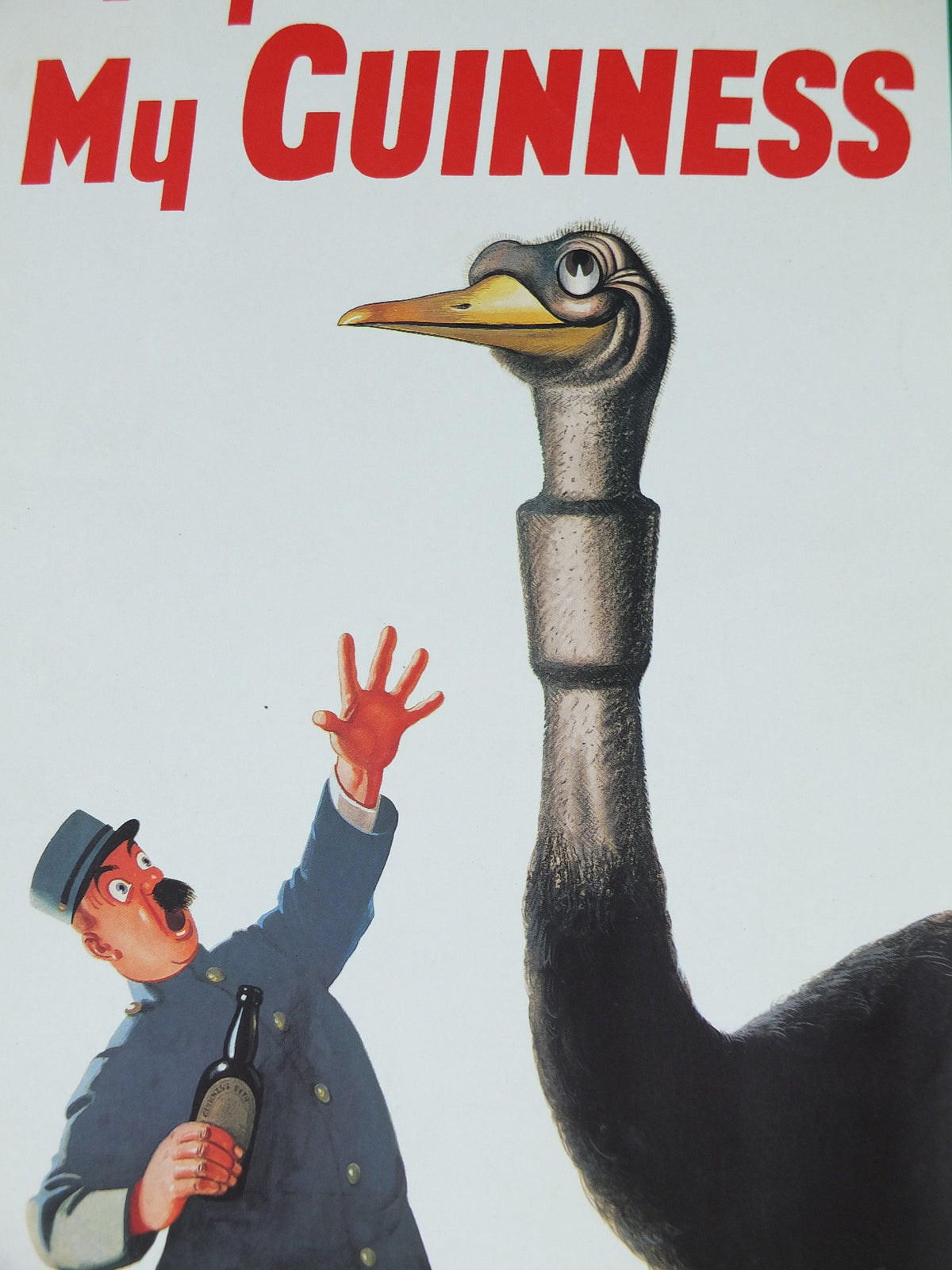 1981 John Gilroy Guinness Toucan Poster, Ostrich 1936, Guinness Zookeeper with ostrich who has swallowed his pint, wall art retro decor