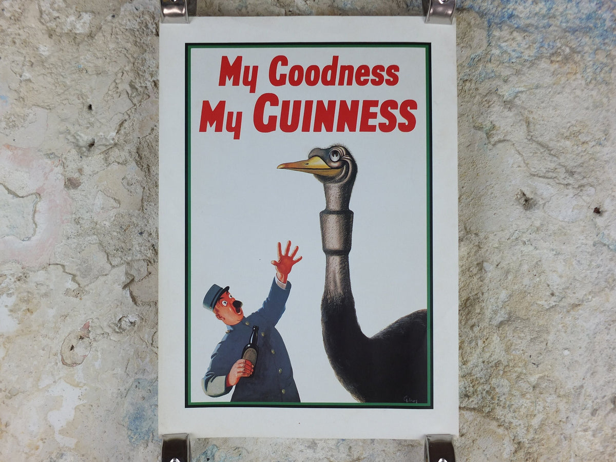 1981 John Gilroy Guinness Toucan Poster, Ostrich 1936, Guinness Zookeeper with ostrich who has swallowed his pint, wall art retro decor