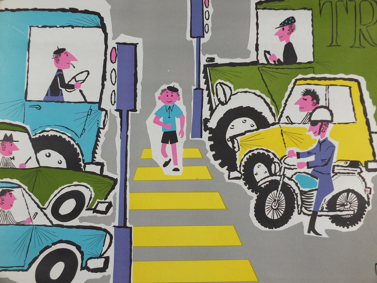 1960s French road safety poster, Road Crossing, by Besserve, industrial, pedestrian dangers, retro wall art decor