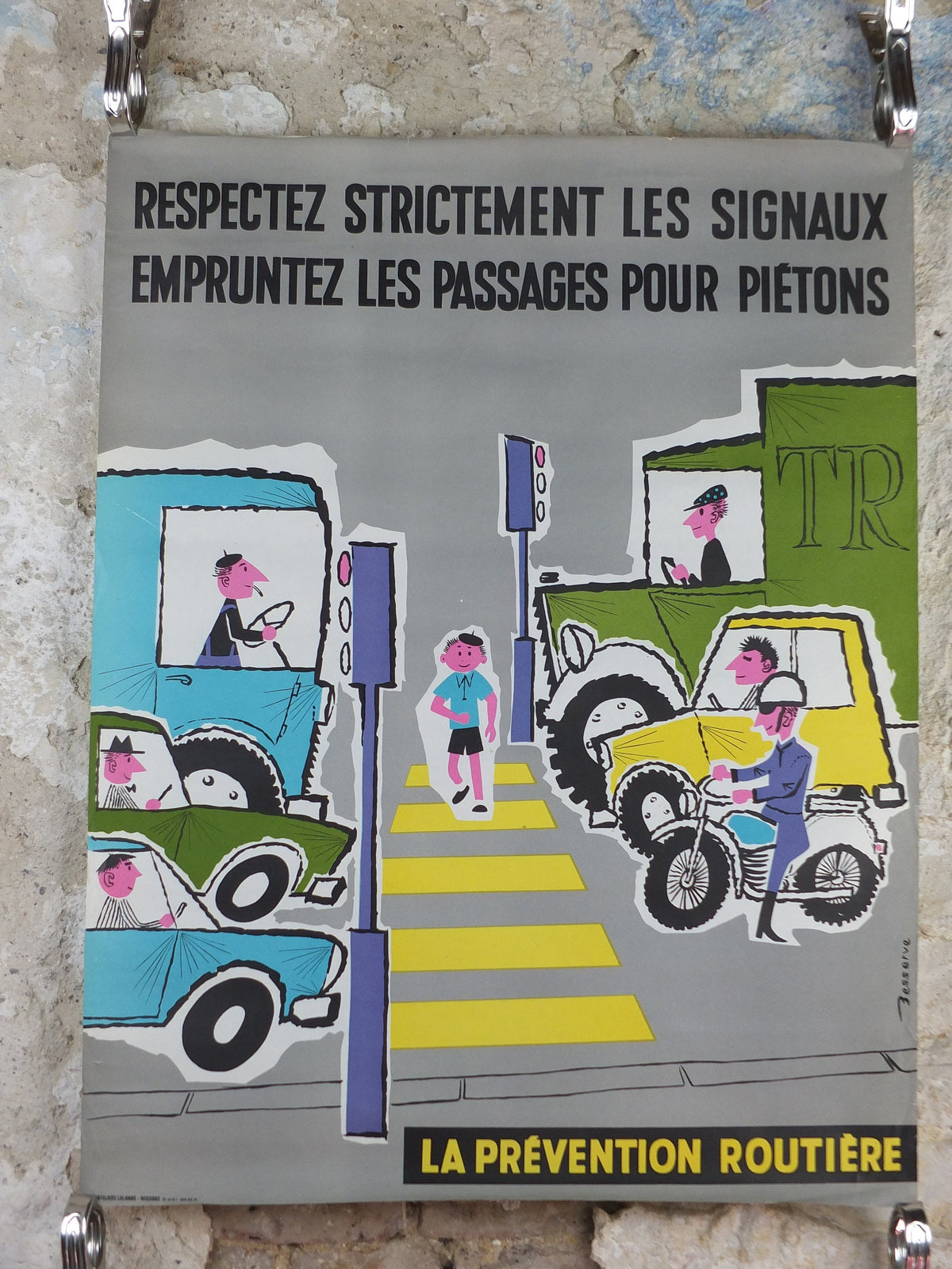 1960s French road safety poster, Road Crossing, by Besserve, industrial, pedestrian dangers, retro wall art decor