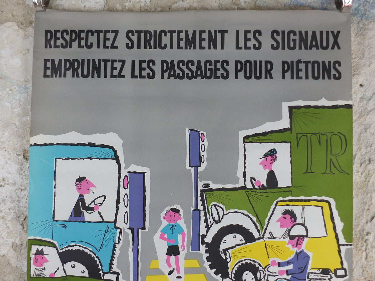 1960s French road safety poster, Road Crossing, by Besserve, industrial, pedestrian dangers, retro wall art decor