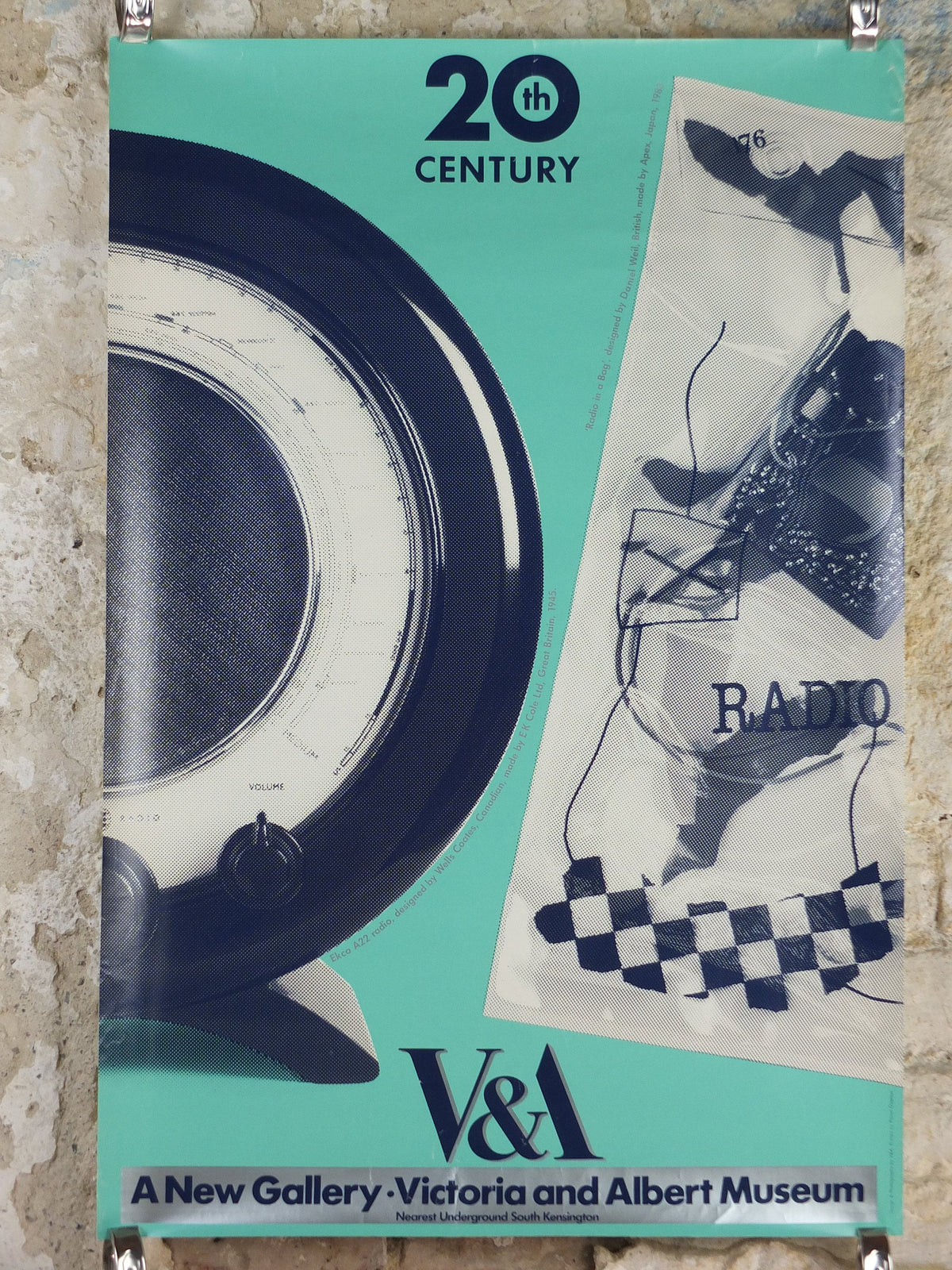 1990s V&A Museum Poster, Radio in the 20C, Radio in a Bag (1983) and Elko 22 (1945), Victoria and Albert, gallery exhibition wall art decor