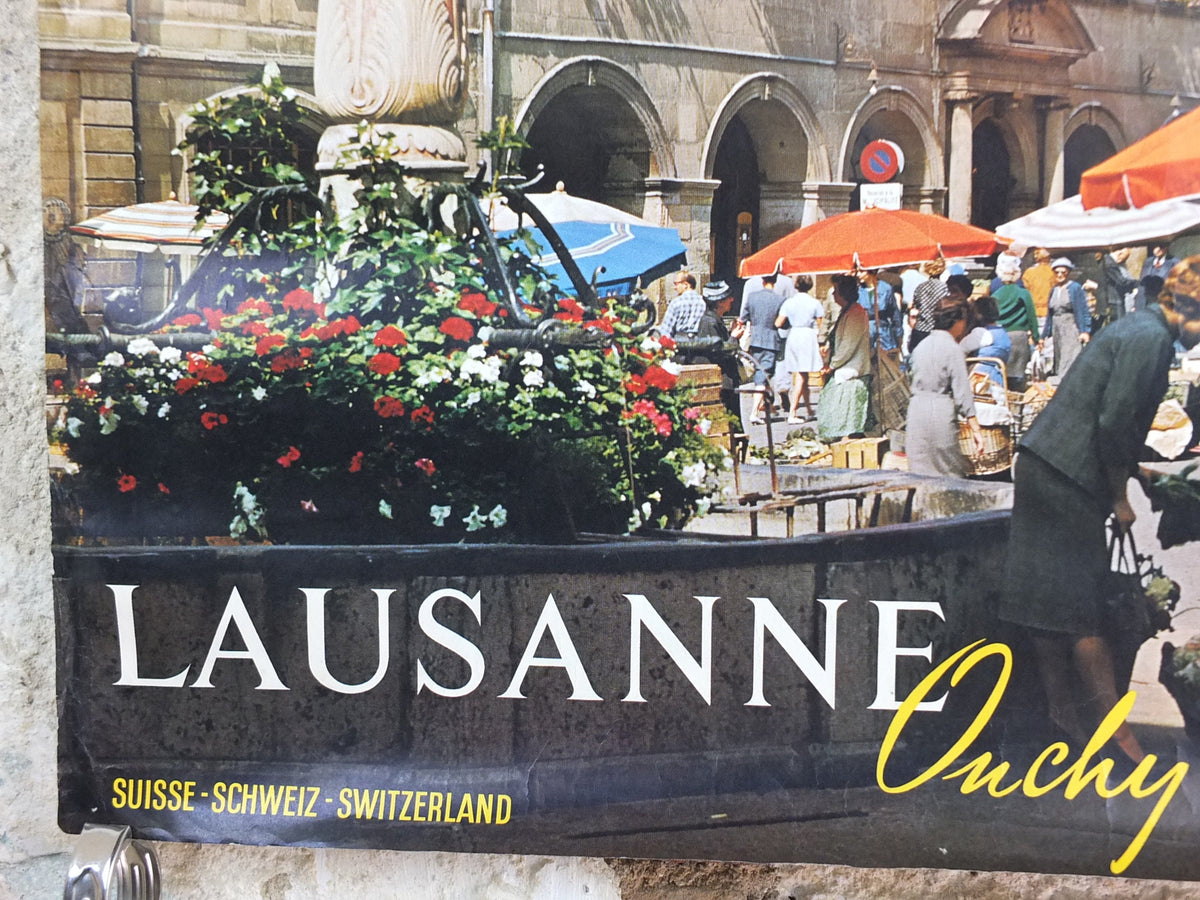1960s Lausanne Ouchy Poster, Switzerland, old town hall and square with fountain, Suisse Schweiz Travel poster, wall art decor