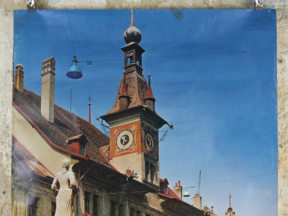 1960s Lausanne Ouchy Poster, Switzerland, old town hall and square with fountain, Suisse Schweiz Travel poster, wall art decor