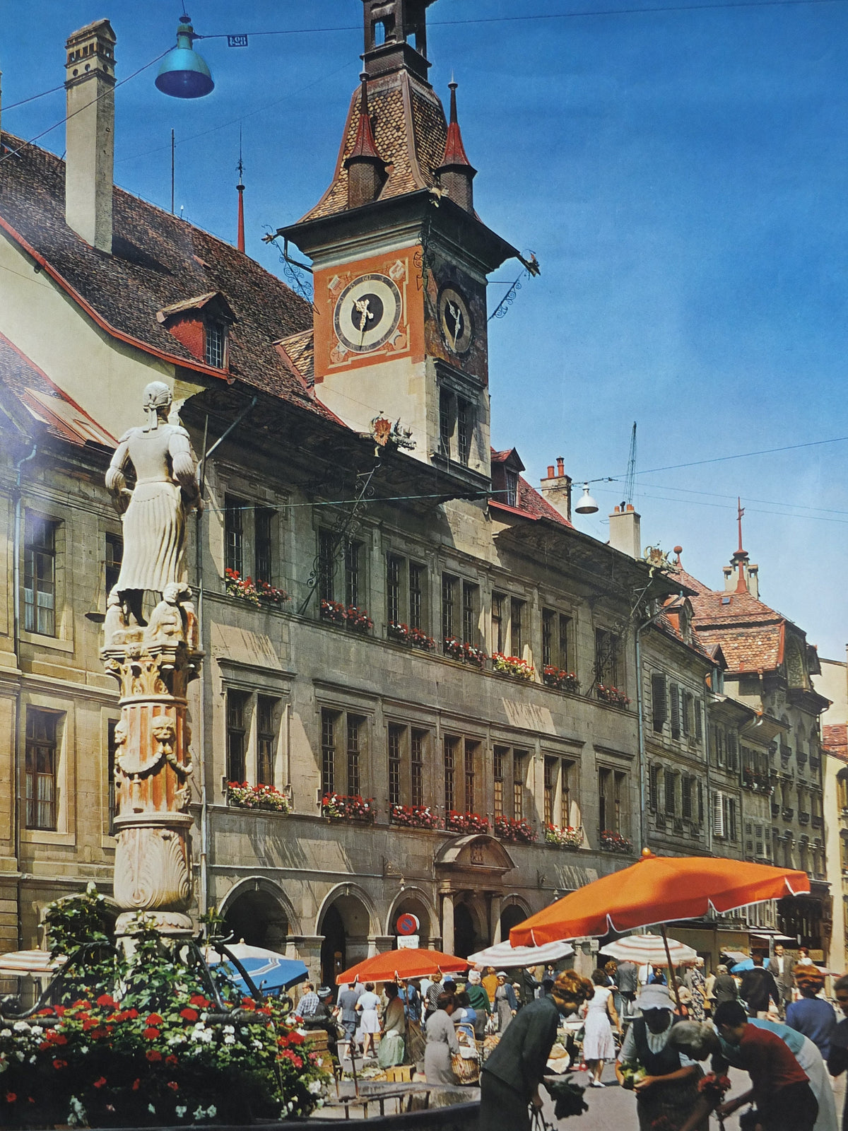 1960s Lausanne Ouchy Poster, Switzerland, old town hall and square with fountain, Suisse Schweiz Travel poster, wall art decor