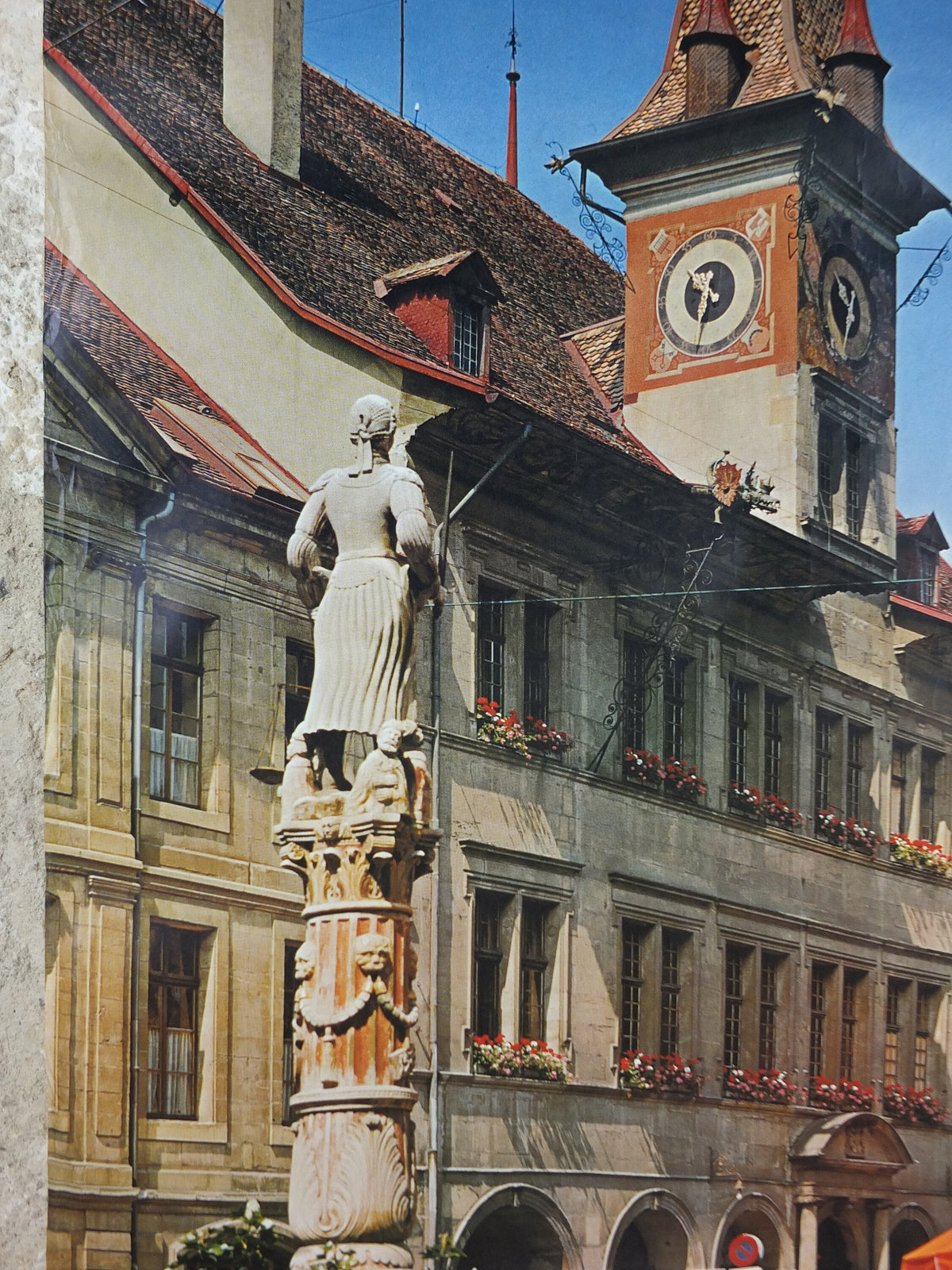 1960s Lausanne Ouchy Poster, Switzerland, old town hall and square with fountain, Suisse Schweiz Travel poster, wall art decor