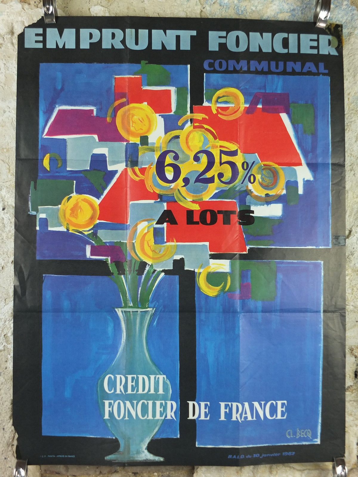 1967 French Land Loan Poster, a vase with flowers blooming into housing, by Becq, French Finance, Bonds and financial loans, wall art decor