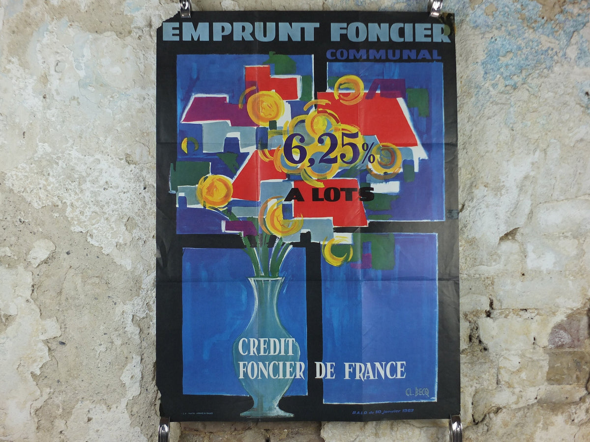 1967 French Land Loan Poster, a vase with flowers blooming into housing, by Becq, French Finance, Bonds and financial loans, wall art decor