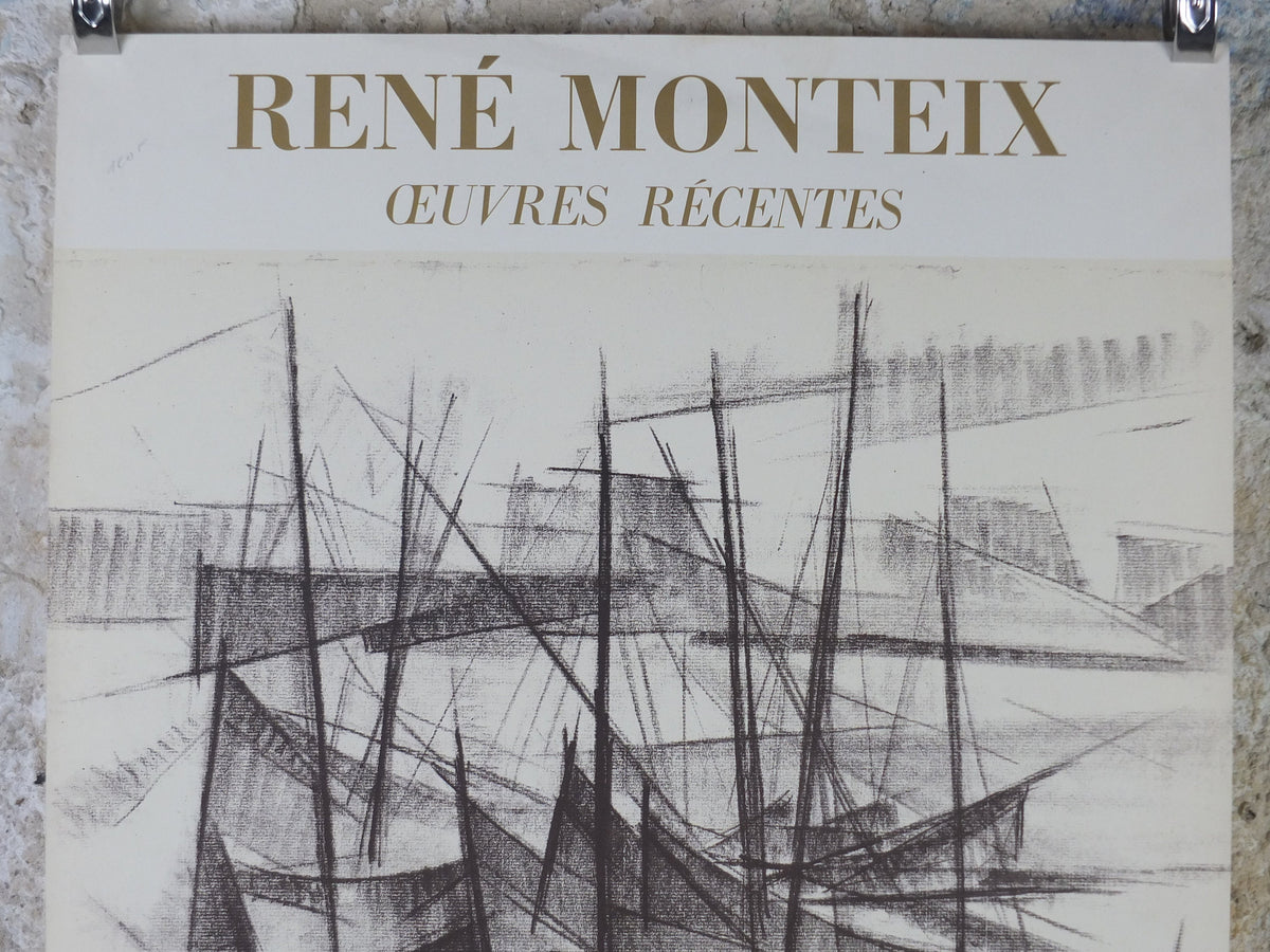1965 Rene Montiex Poster, abstract painting of ships in a harbour, French Cubism artist, Galerie du Passeur Paris, wall art decor