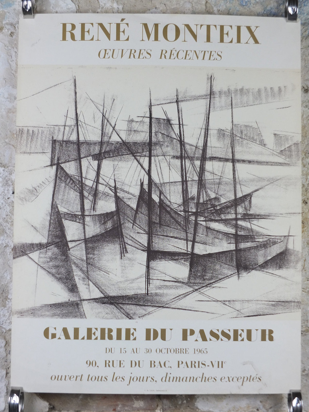 1965 Rene Montiex Poster, abstract painting of ships in a harbour, French Cubism artist, Galerie du Passeur Paris, wall art decor