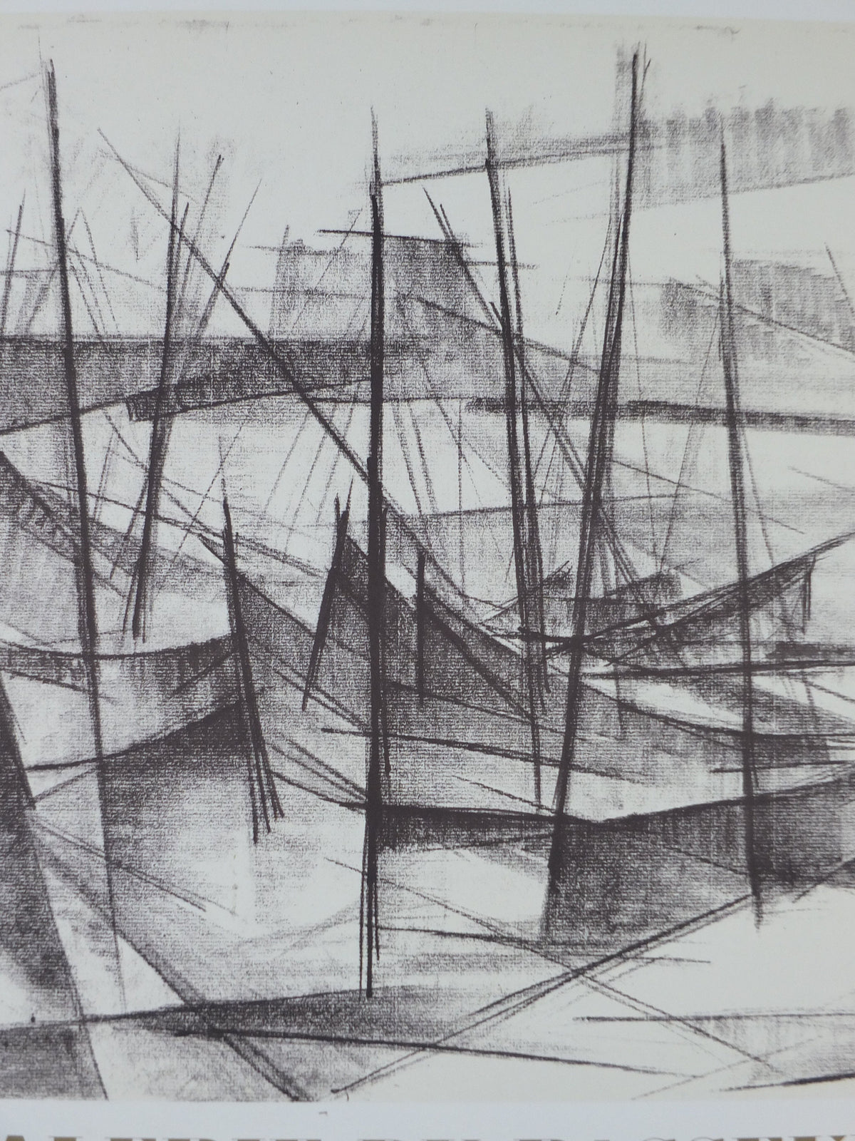1965 Rene Montiex Poster, abstract painting of ships in a harbour, French Cubism artist, Galerie du Passeur Paris, wall art decor