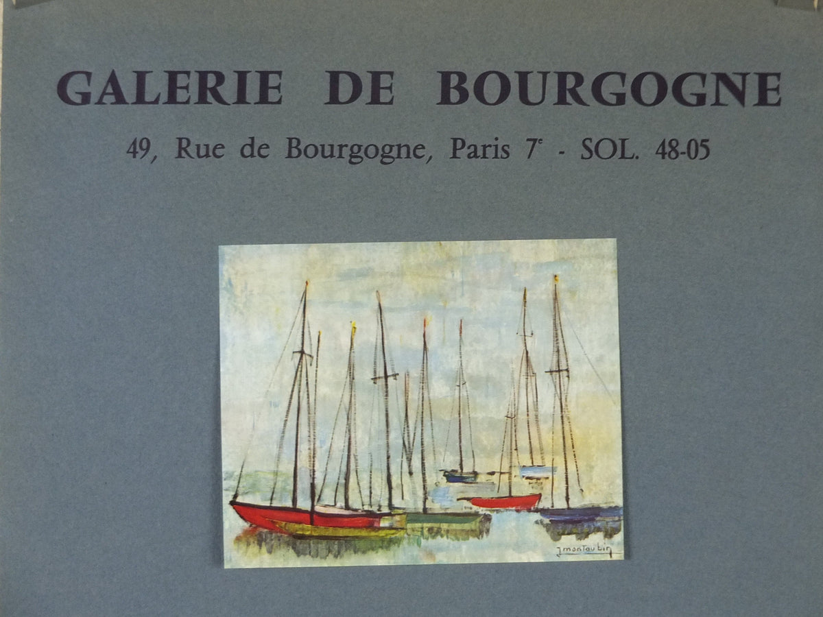 1962 Jean Montaubin Poster, painting of tall masted ships in a harbour, French artist, Galerie de Bourgogne Paris, wall art decor