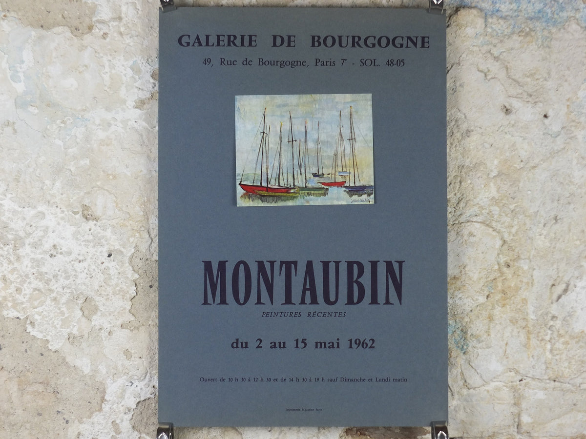 1962 Jean Montaubin Poster, painting of tall masted ships in a harbour, French artist, Galerie de Bourgogne Paris, wall art decor