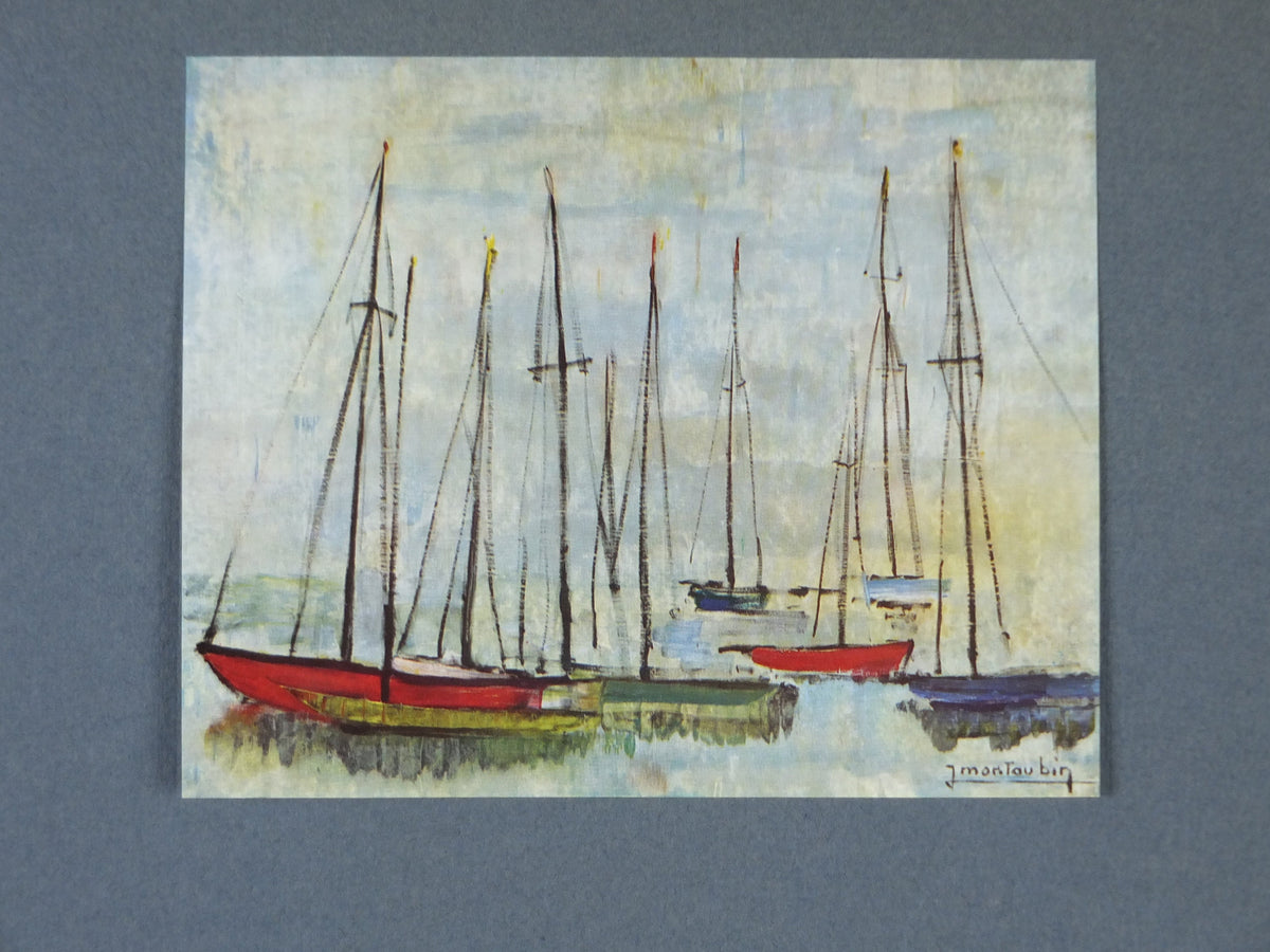 1962 Jean Montaubin Poster, painting of tall masted ships in a harbour, French artist, Galerie de Bourgogne Paris, wall art decor