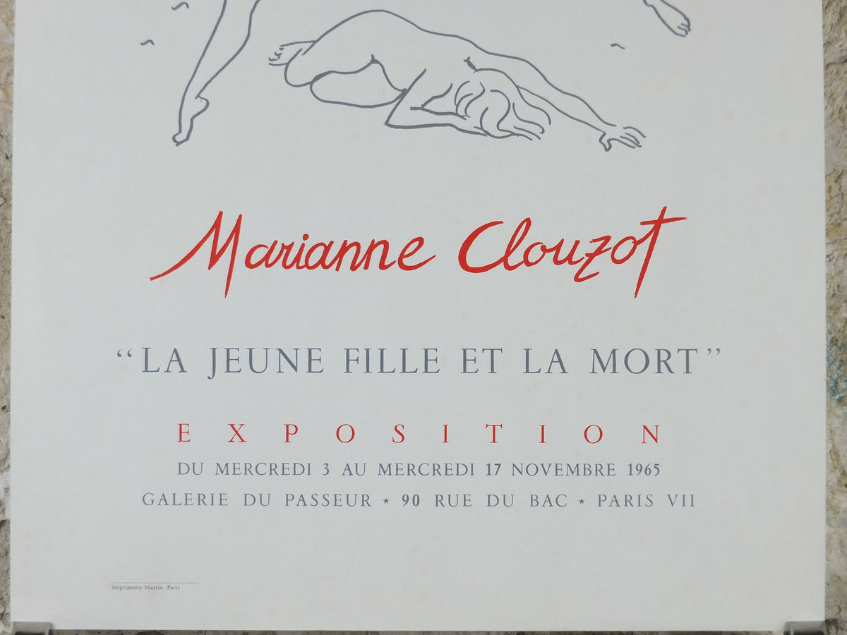 1965 Marianne Clouzot Poster, la jeune fille et la mort, the girl and death, surrealist avant-garde Dada, gallery exhibition wall art decor