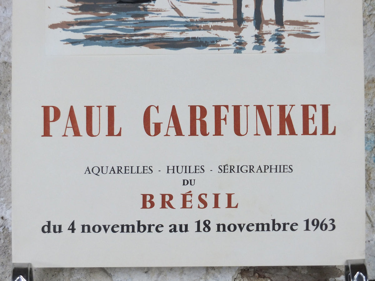 1963 Paul Garfunkel Poster, painting of a small fishing boat with ships in a harbour, French artist, Galerie 1 Paris, wall art decor