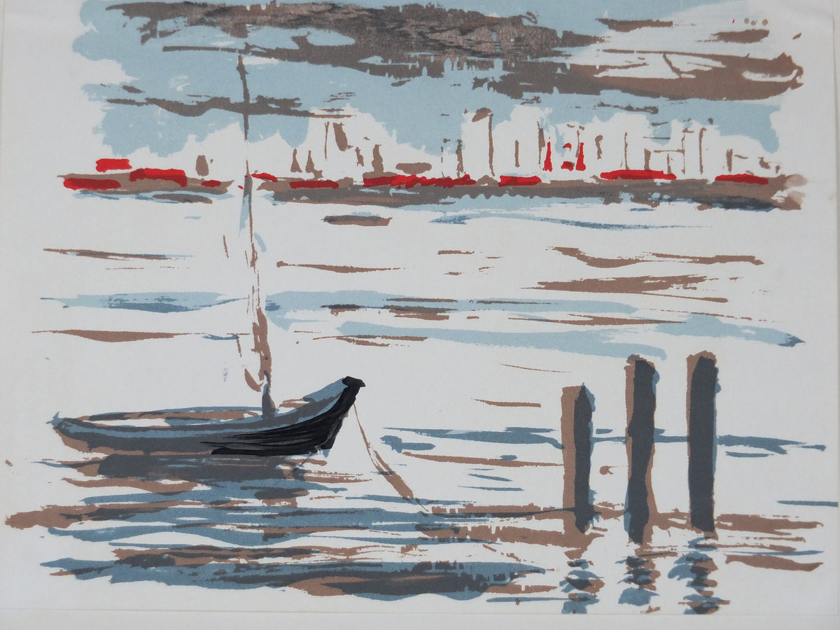 1963 Paul Garfunkel Poster, painting of a small fishing boat with ships in a harbour, French artist, Galerie 1 Paris, wall art decor
