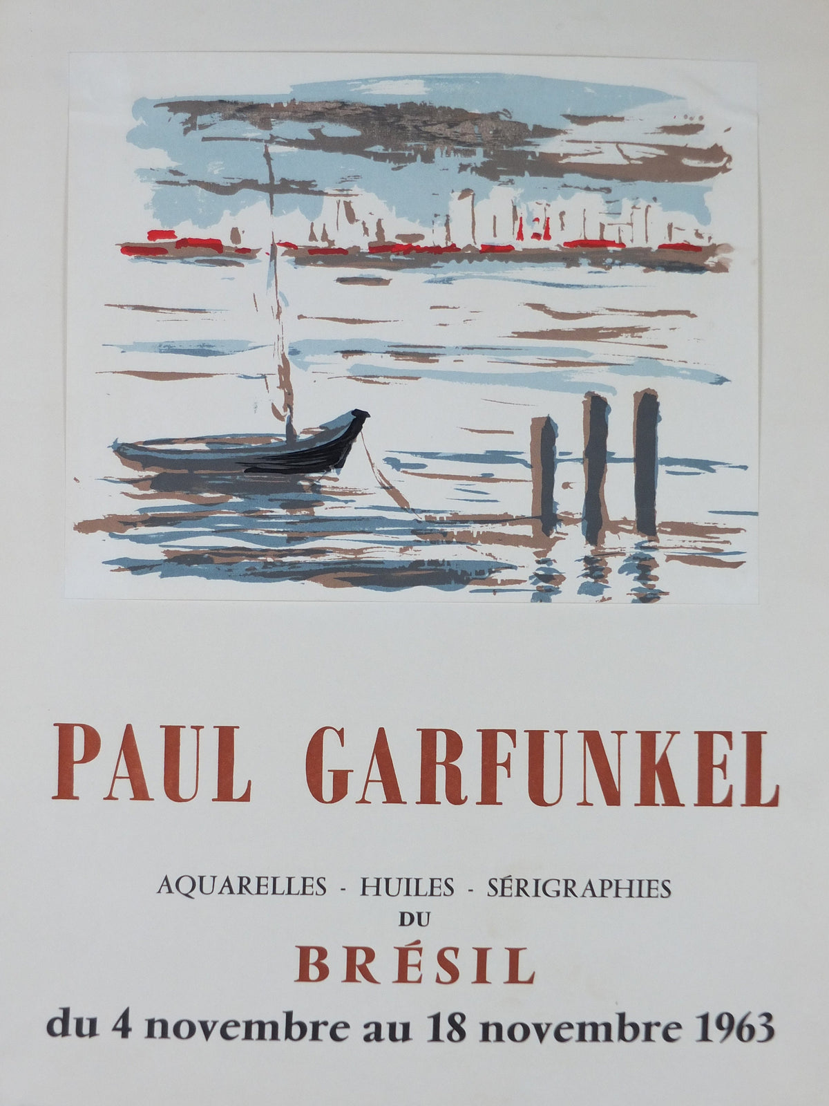 1963 Paul Garfunkel Poster, painting of a small fishing boat with ships in a harbour, French artist, Galerie 1 Paris, wall art decor