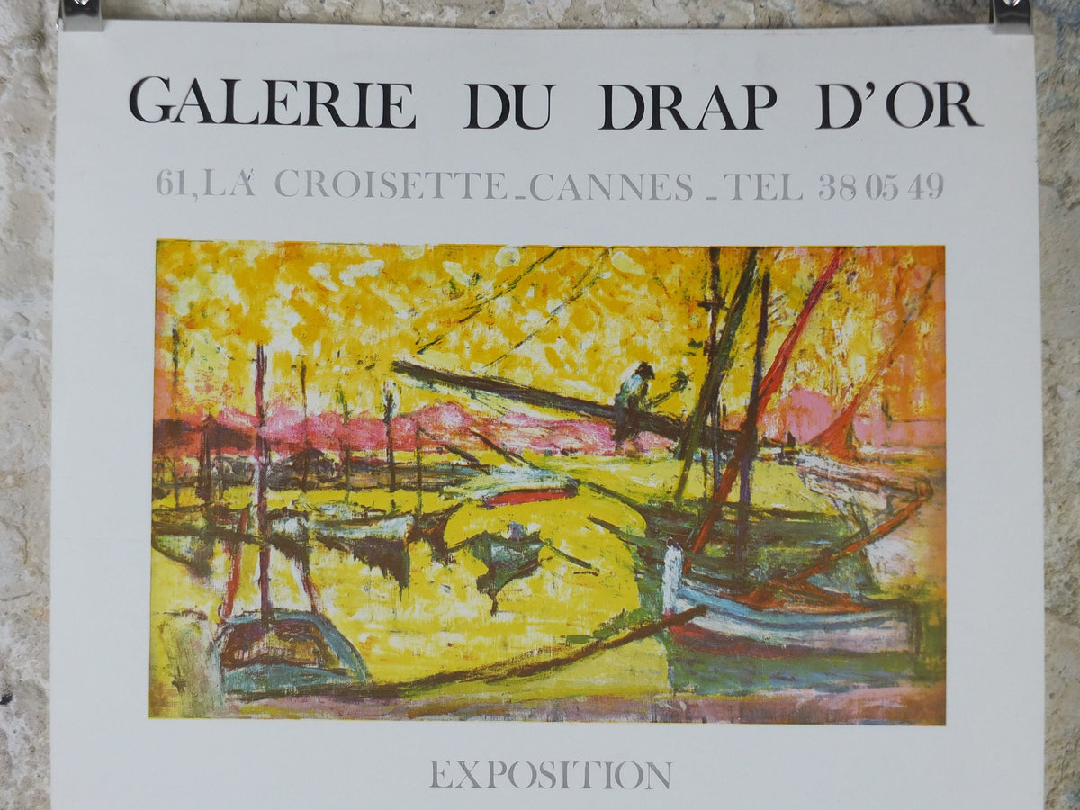1969 Carlos Reymond Poster, bright painting of sail boats in harbour with yellow sunset, French, Galerie du Drap D'or Paris, wall art decor