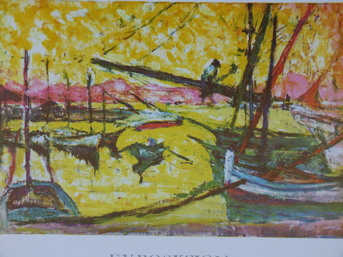 1969 Carlos Reymond Poster, bright painting of sail boats in harbour with yellow sunset, French, Galerie du Drap D'or Paris, wall art decor