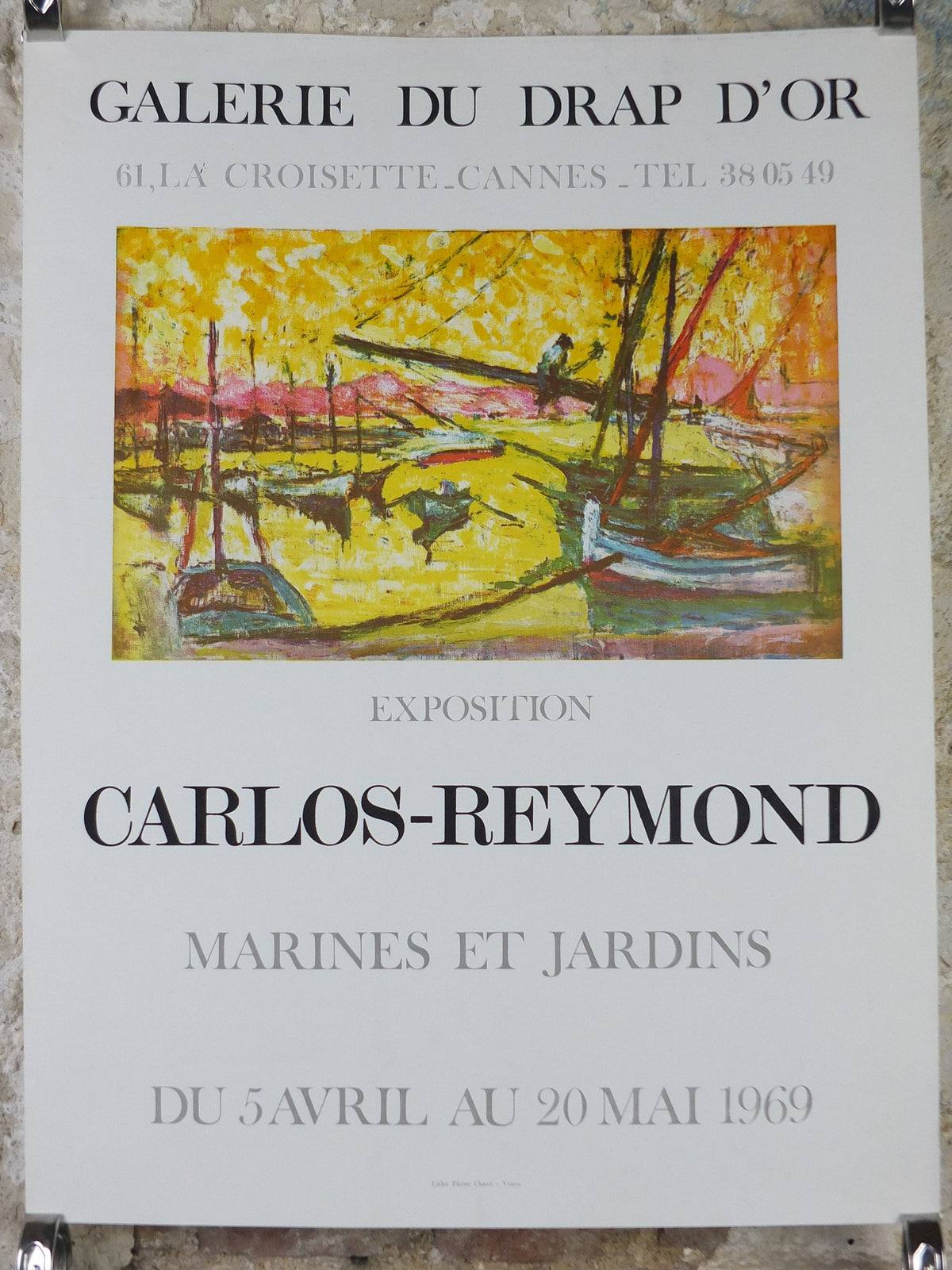 1969 Carlos Reymond Poster, bright painting of sail boats in harbour with yellow sunset, French, Galerie du Drap D'or Paris, wall art decor