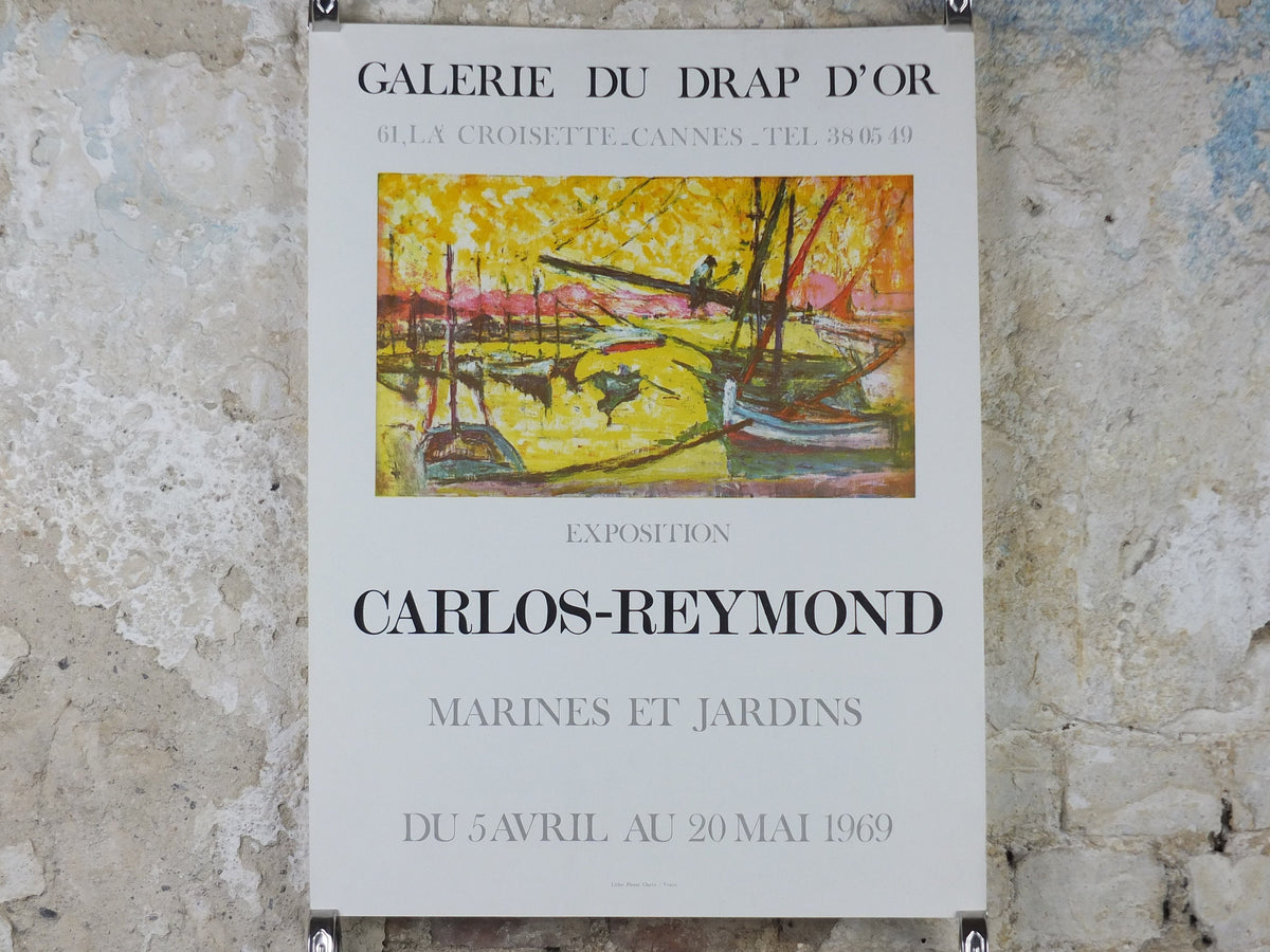 1969 Carlos Reymond Poster, bright painting of sail boats in harbour with yellow sunset, French, Galerie du Drap D'or Paris, wall art decor