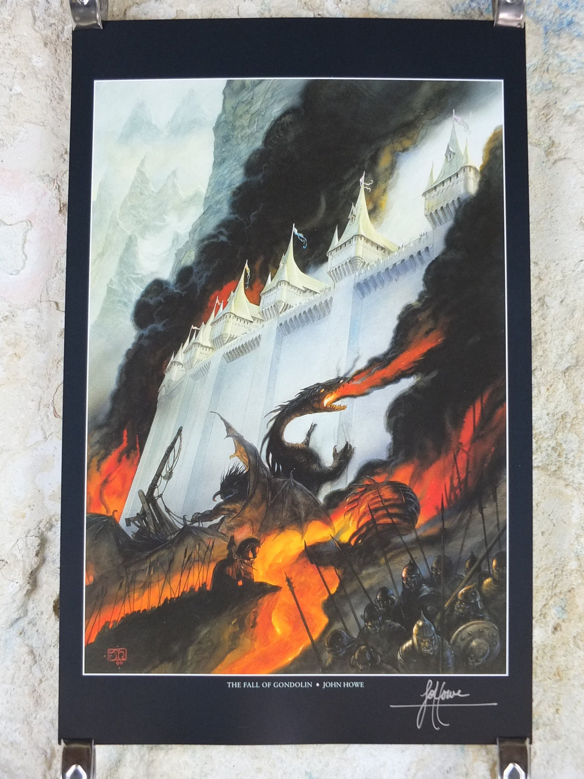 Hand signed John Howe The Fall of Gondolin Poster, 1999 Tolkien Silmarillion, Middle Earth pre Lord of the Rings, print wall art decor
