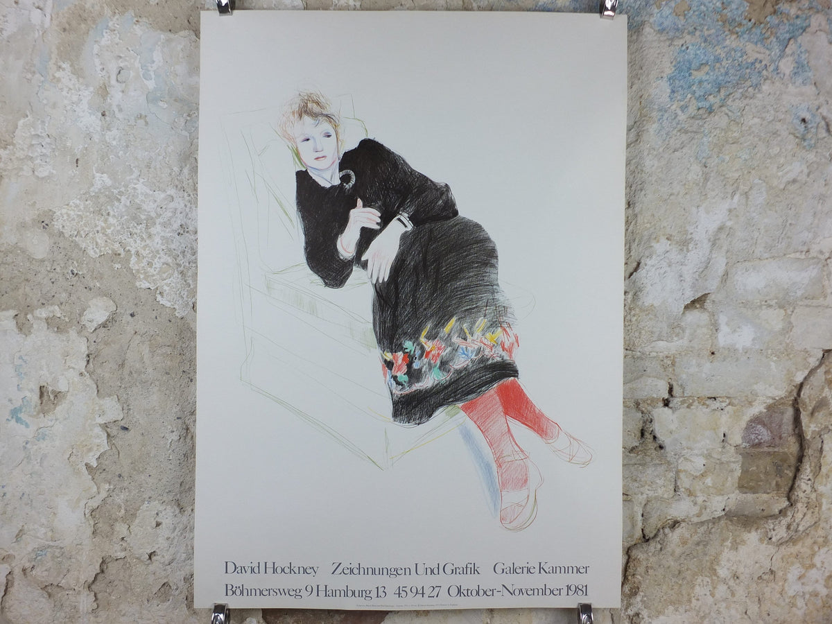 1981 David Hockney Poster, Celia in black dress and red stockings 1973, Pop Art, gallery exhibition wall art decor
