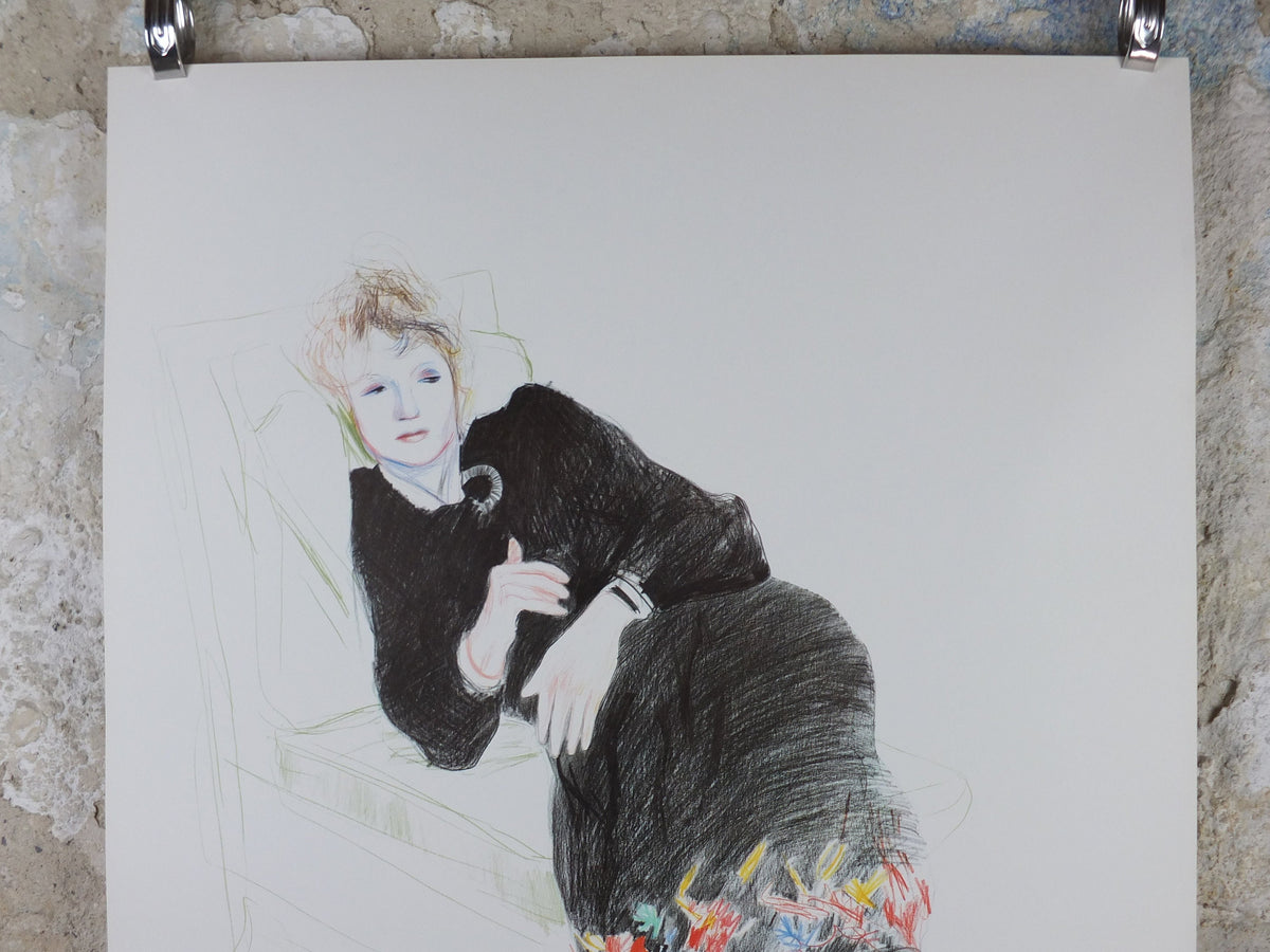1981 David Hockney Poster, Celia in black dress and red stockings 1973, Pop Art, gallery exhibition wall art decor