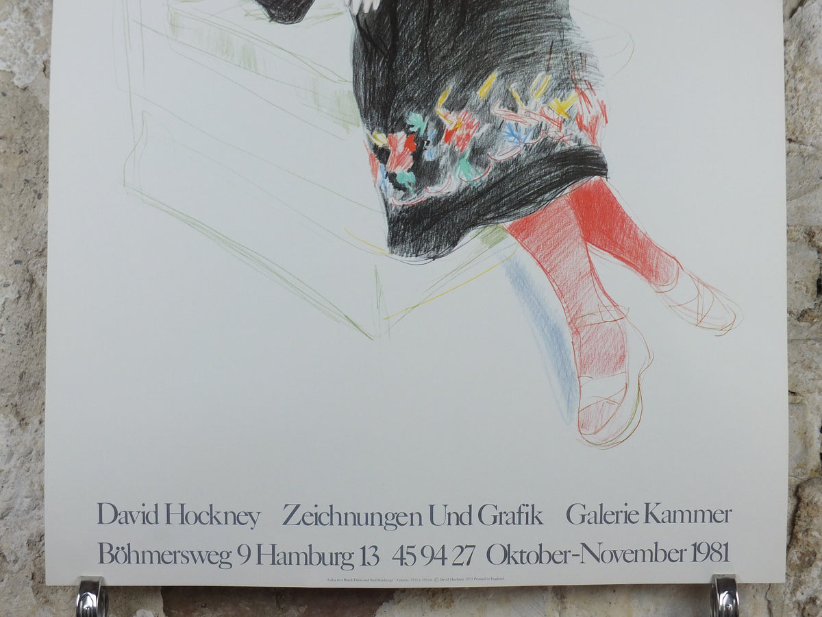 1981 David Hockney Poster, Celia in black dress and red stockings 1973, Pop Art, gallery exhibition wall art decor