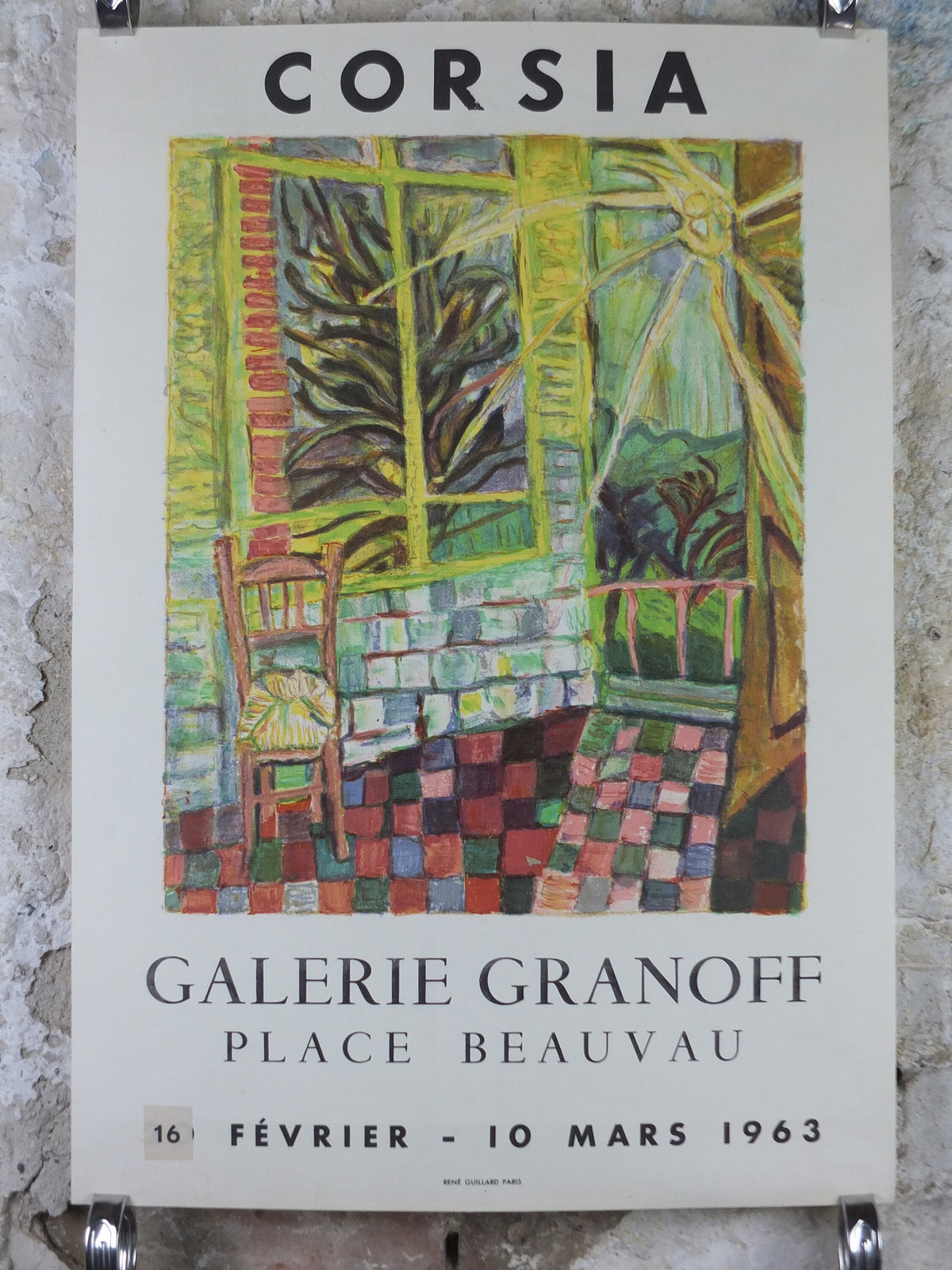1963 Gilbert Corsia Poster, Sunny French country scene from the inside looking out, naive Impressionism, gallery exhibition, wall art decor