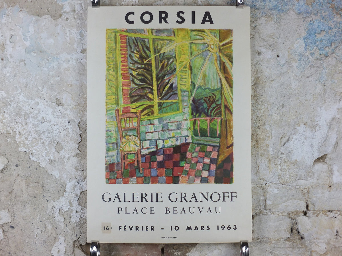 1963 Gilbert Corsia Poster, Sunny French country scene from the inside looking out, naive Impressionism, gallery exhibition, wall art decor