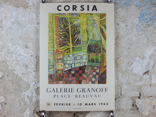 1963 Gilbert Corsia Poster, Sunny French country scene from the inside looking out, naive Impressionism, gallery exhibition, wall art decor