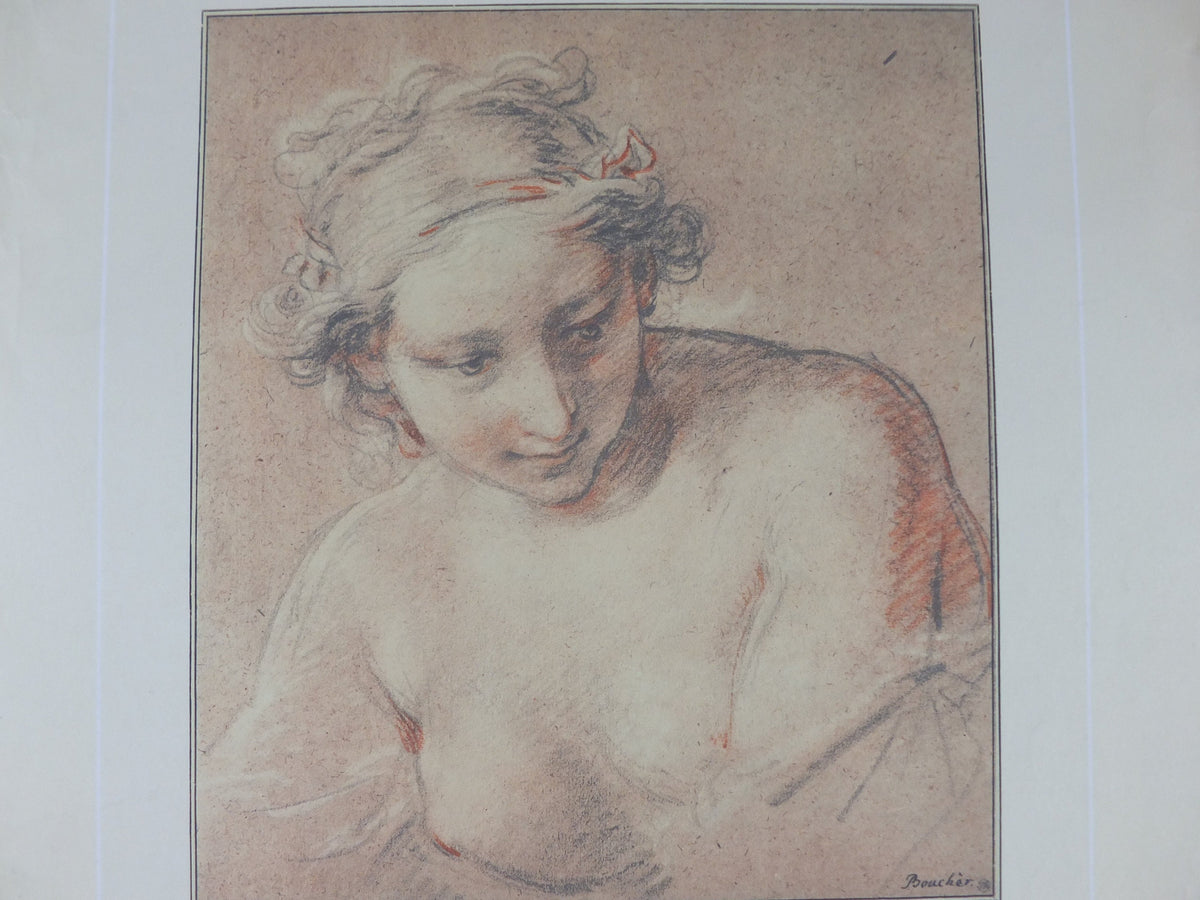 1970 François Boucher Poster, drawing of a young woman in Rococo style, Musee de Louvre, gallery exhibition wall art decor