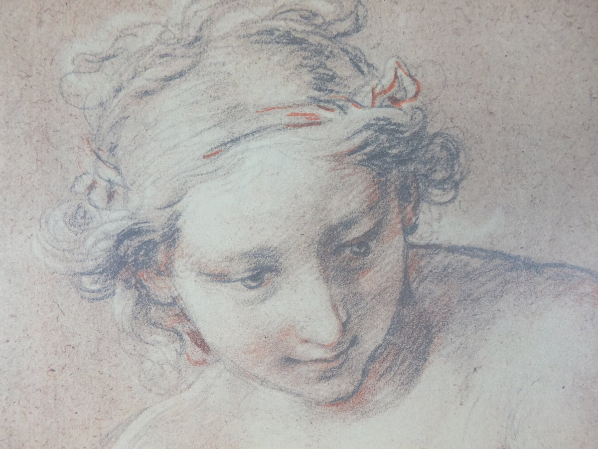 1970 François Boucher Poster, drawing of a young woman in Rococo style, Musee de Louvre, gallery exhibition wall art decor