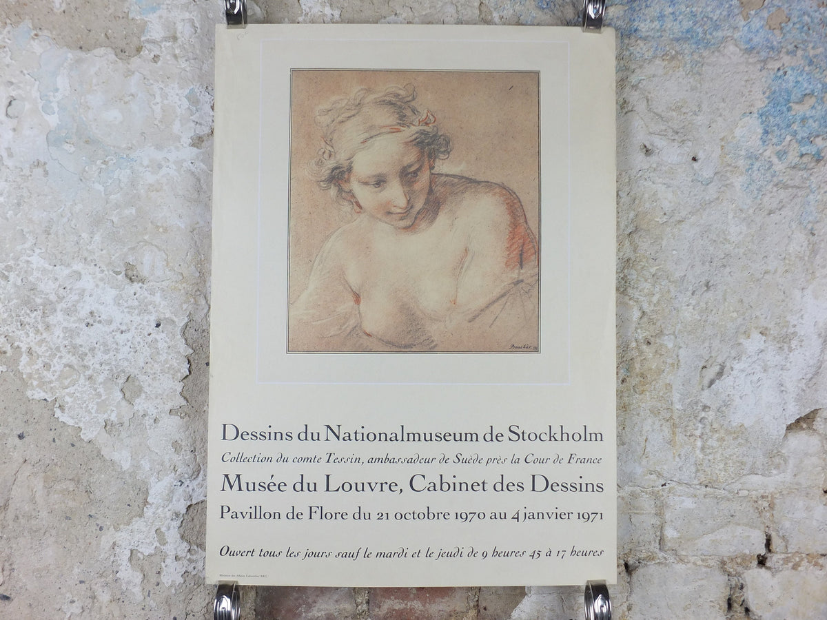 1970 François Boucher Poster, drawing of a young woman in Rococo style, Musee de Louvre, gallery exhibition wall art decor
