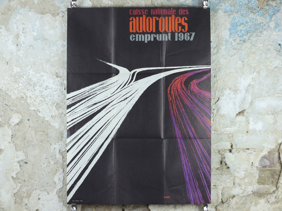 1967 French Motorways Poster, Caisse Nationale Des Autoroutes CNA, by Schaefer, French Highways, Bonds and financial loans, wall art decor