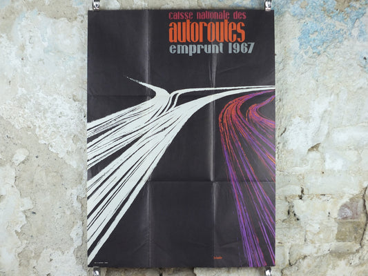 1967 French Motorways Poster, Caisse Nationale Des Autoroutes CNA, by Schaefer, French Highways, Bonds and financial loans, wall art decor