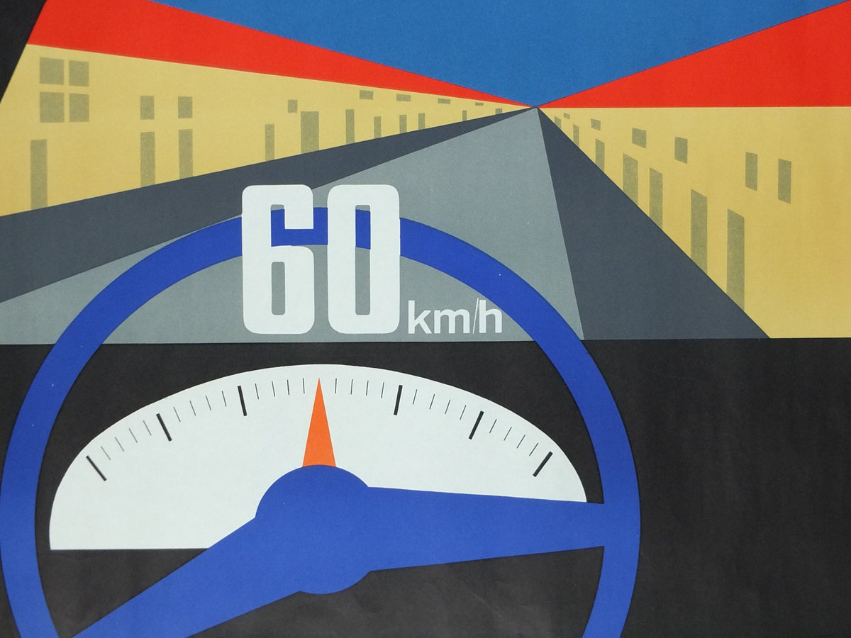 1960s French road safety poster, Speed limits and safety, by Jean Colin, industrial, speeding dangers, retro wall art decor