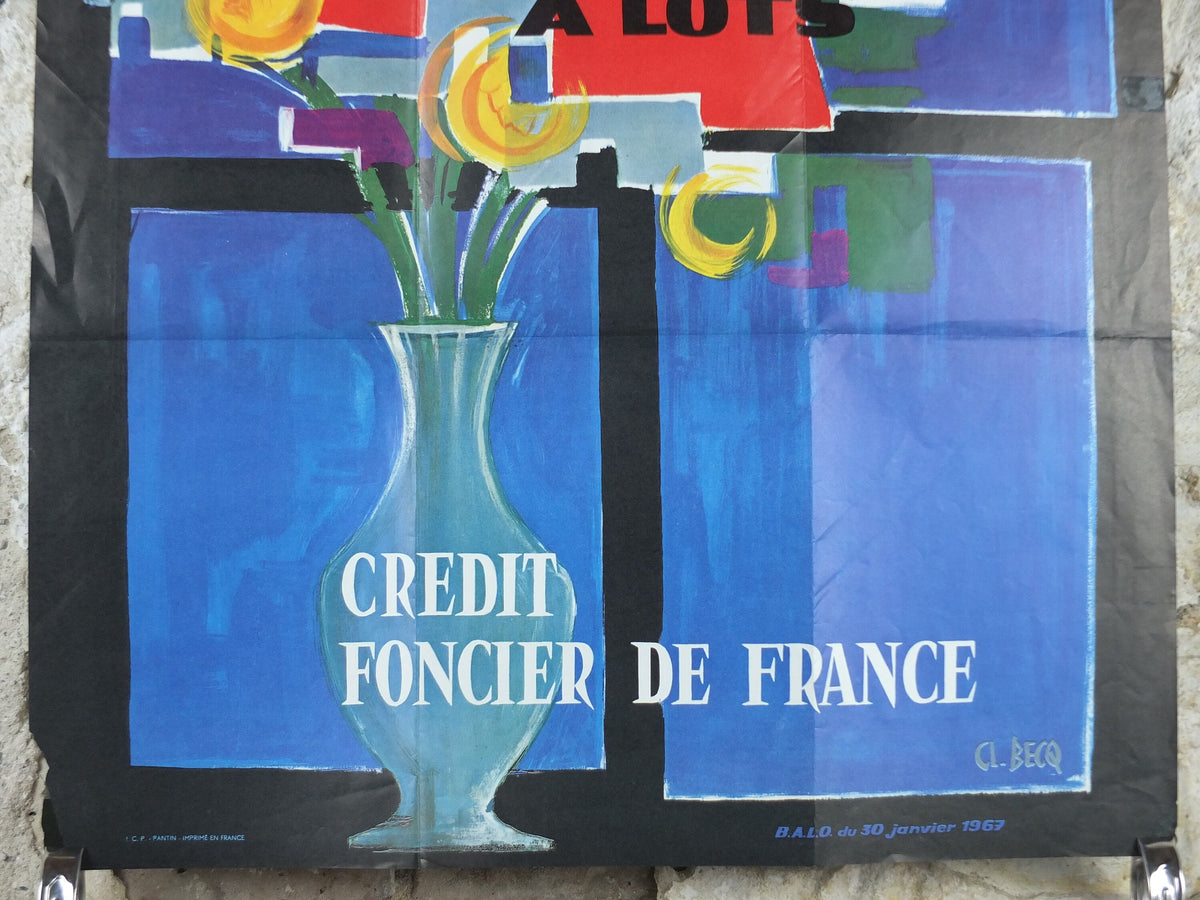 1967 French Land Loan Poster, a vase with flowers blooming into housing, by Becq, French Finance, Bonds and financial loans, wall art decor