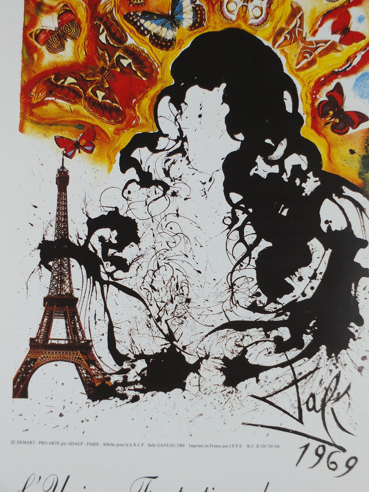 1989 Salvador Dali Poster, SNCF Paris Butterflies and Eiffel Tower from 1969, Cubism Dada Surrealism, wall art decor