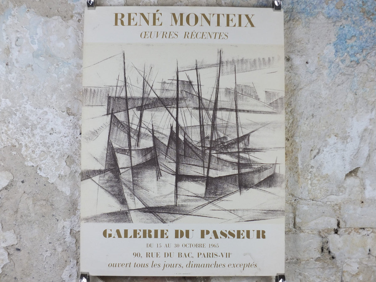 1965 Rene Montiex Poster, abstract painting of ships in a harbour, French Cubism artist, Galerie du Passeur Paris, wall art decor