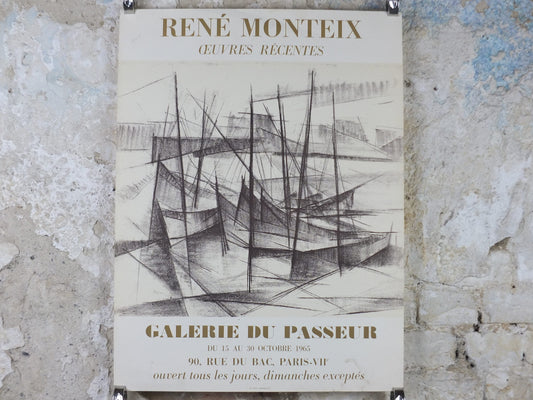 1965 Rene Montiex Poster, abstract painting of ships in a harbour, French Cubism artist, Galerie du Passeur Paris, wall art decor